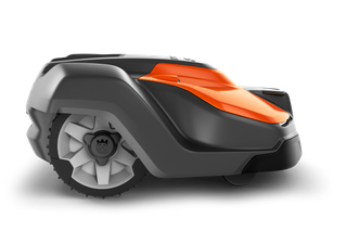 Vue latérale d’un robot tondeuse Husqvarna avec des roues au design distinctif.