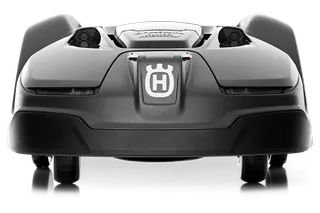 Front view of a Husqvarna robotic lawn mower.