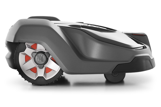 Side view of a Husqvarna robotic lawn mower.