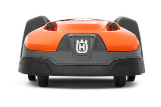 Vue de face d’un robot tondeuse Husqvarna avec logo visible.