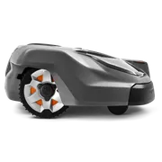 Side view of a Husqvarna robotic lawn mower showcasing its wheel design.
