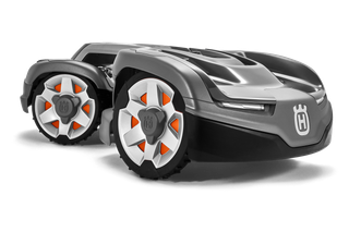 Side view of a Husqvarna robotic lawn mower with distinctive wheel design.