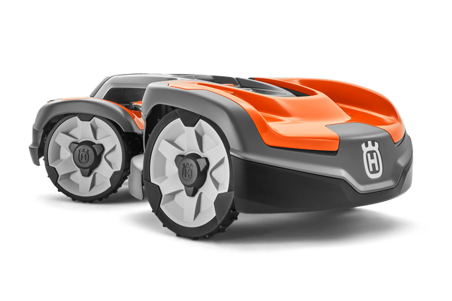Side view of a Husqvarna robotic lawn mower with distinctive wheel design.