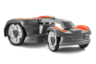 Side view of a Husqvarna robotic lawn mower with AWD feature.