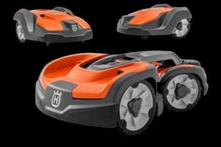 Front and side views of Husqvarna robotic lawn mowers, showcasing their design and wheels.