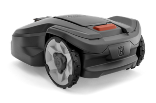 Vue latérale d’un robot tondeuse Husqvarna sur fond blanc.