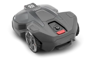 Front view of a Husqvarna robotic lawn mower with visible control panel.