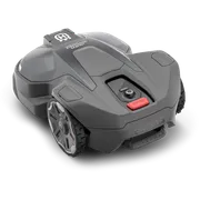 Front view of a Husqvarna robotic lawn mower with visible control panel.