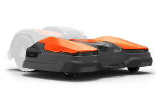 Side view of a robotic lawn mower with cutting deck.