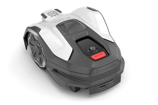Robotic lawn mower with visible control panel and wheels, showcasing its compact design.