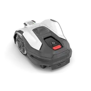 Robotic lawn mower with visible control panel and wheels, showcasing its compact design.