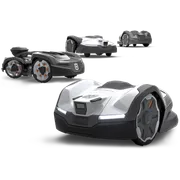 Wiele robotycznych kosiarek do trawy w różnych kątach i konstrukcjach.