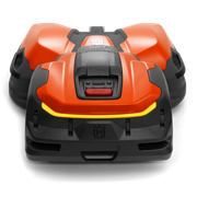 Front view of a Husqvarna robotic lawn mower.