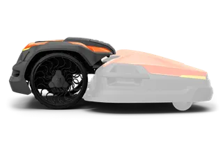 Side view of a robotic lawn mower with visible wheel design.