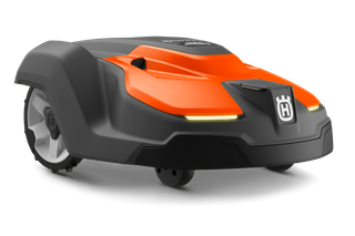 Vue latérale d’un robot tondeuse Husqvarna au design élégant.
