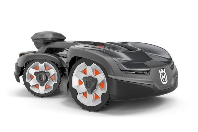 Side view of a Husqvarna robotic lawn mower with visible wheels and logo.