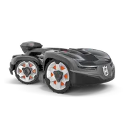 Side view of a Husqvarna robotic lawn mower with visible wheels and logo.