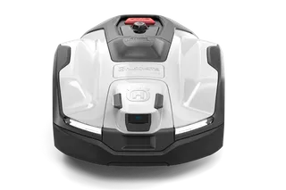 Front view of a robotic lawn mower with a sleek design.