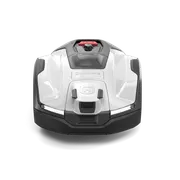 Front view of a robotic lawn mower with a sleek design.