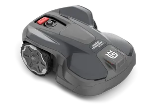 Side view of a Husqvarna Automower with visible branding and control buttons.