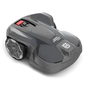 Side view of a Husqvarna Automower with visible branding and control buttons.