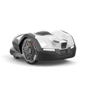 Robotic lawn mower in a studio setting, showcasing its design.