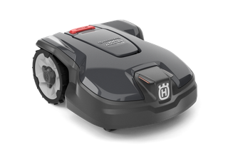 Bočni pogled na Huskvarna robotsku kosilicu sa vidljivim točkovima i kontrolnom tablom.
