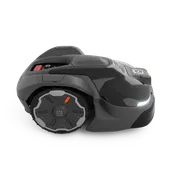 Side view of a Husqvarna robotic lawn mower with LED lights.