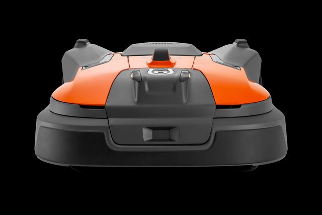 Front view of a robotic lawn mower with sleek design.