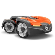 Side view of a Husqvarna robotic lawn mower showcasing its design and wheels.