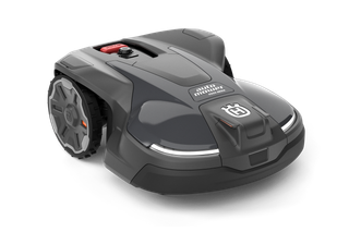 Front view of a Husqvarna robotic lawn mower showcasing its sleek design.