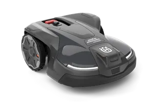 Front view of a Husqvarna robotic lawn mower showcasing its sleek design.