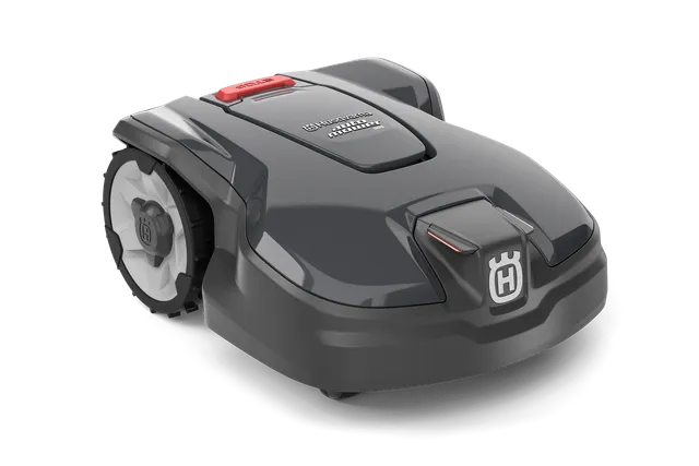 Вид збоку на роботизовану газонокосарку Husqvarna Automower® 305 на білому тлі.