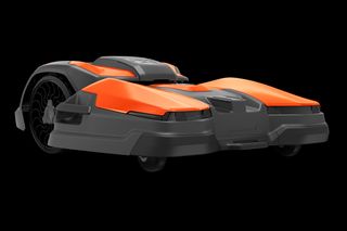 Side view of a robotic lawn mower with a sleek design.