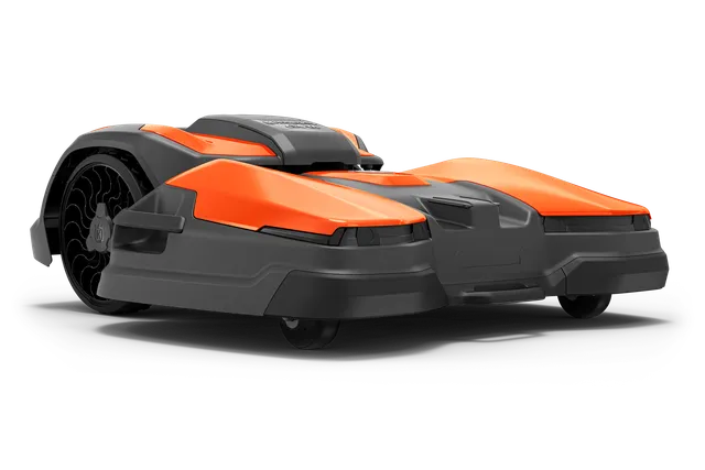 Side view of a robotic lawn mower with a sleek design.