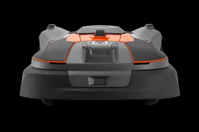 Front view of a robotic lawn mower.