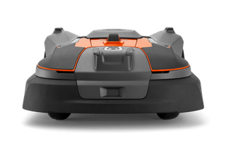 Vue de face d’un robot tondeuse.