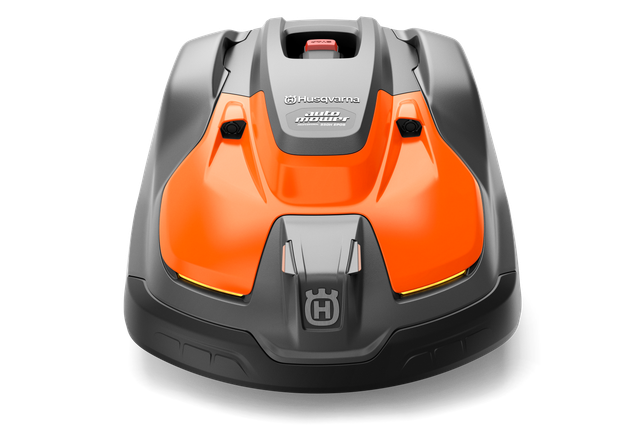 Front view of a Husqvarna robotic lawn mower with visible branding.