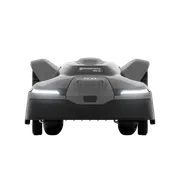Front view of a Husqvarna robotic lawn mower model 450X with LED headlights.