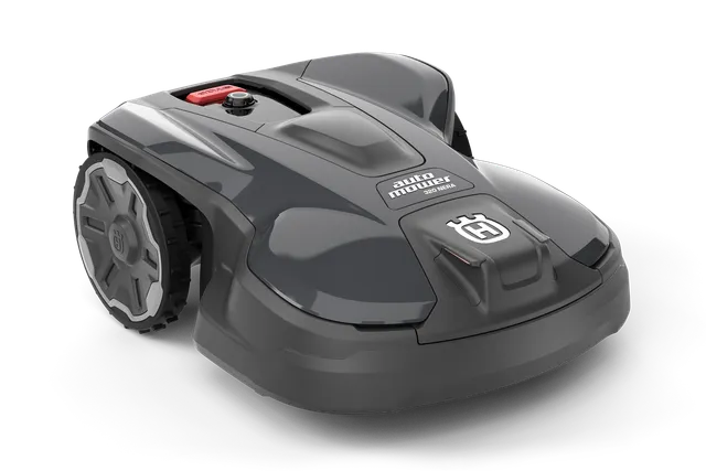 Vista frontal de um robô corta-relva com botões de controlo visíveis.