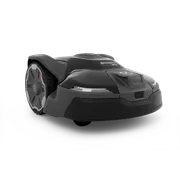 Side view of a Husqvarna robotic lawn mower on a white background.
