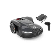 Front view of a Husqvarna robotic lawn mower with its charging station and remote control.
