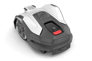 Robotic lawn mower with a sleek design, showcasing its top features.