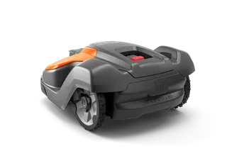 Side view of a Husqvarna robotic lawn mower with visible wheels and control panel.