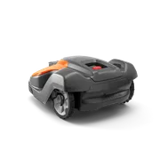 Side view of a Husqvarna robotic lawn mower with visible wheels and control panel.
