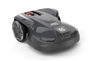 Side view of a Husqvarna robotic lawn mower on a white background.