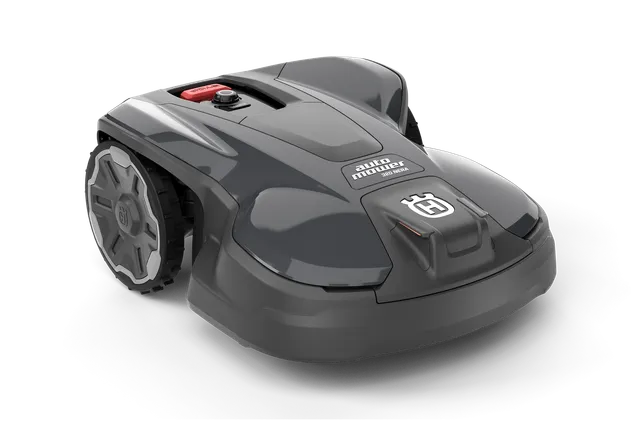 Vista lateral de un robot cortacésped Husqvarna sobre un fondo blanco.