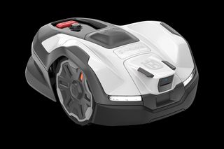 Front view of a robotic lawn mower with visible control panel.