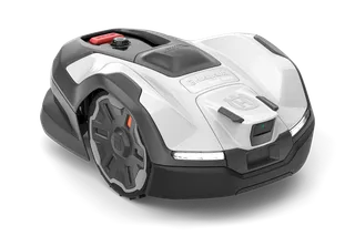 Front view of a robotic lawn mower with visible control panel.