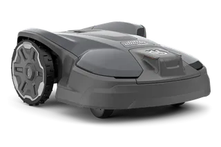 Side view of a Husqvarna robotic lawn mower with visible wheels and cutting deck.
